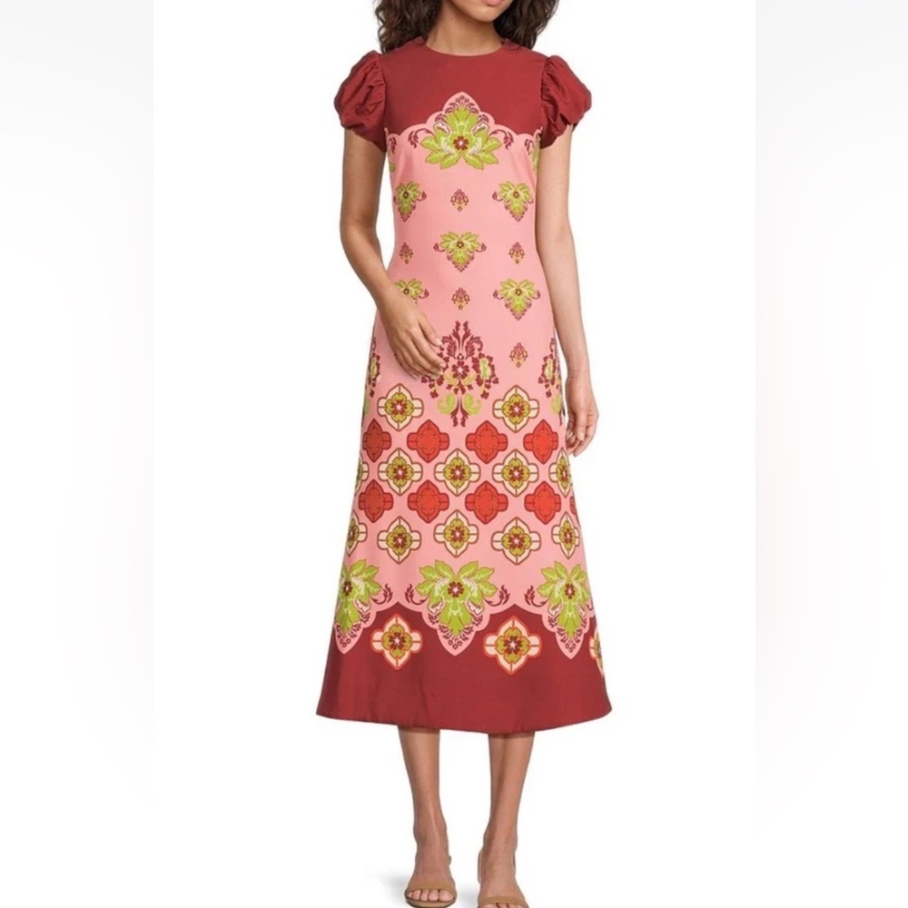 Mestiza New York Perla Flamingo Flourish Midi Dress Sz 8 Crew Neck Puff Sleeve - Picture 2 of 15